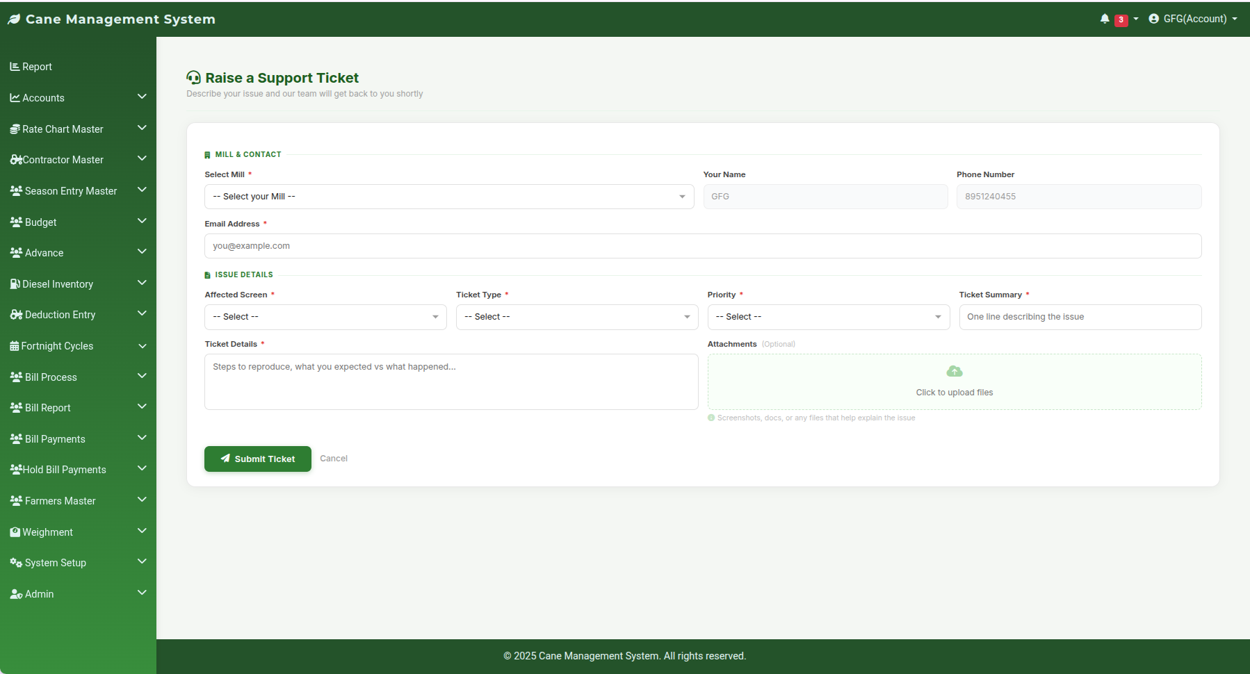 Raise Support Ticket Screen